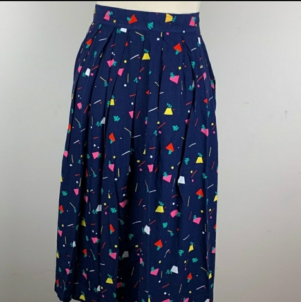 Vintage 1980s geometric midi skirt blue red yellow